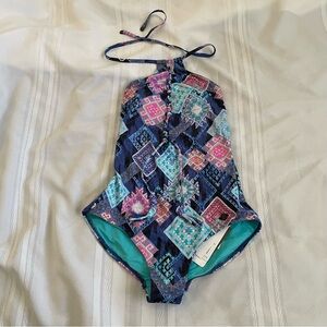 Sunseeker Multicolor One Piece Swimsuit Size 8 Halter Neck Front Tie Detail NWT